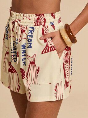 Multicolor Casual Women's Fish & Letter Print Shorts